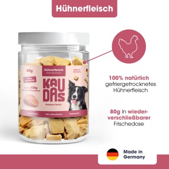 Bild einer Hand, die einen Hundekeks hält, mit Text, der "100% Huhn", "0g", "Ohne Zucker oder Zusatzstoffe" und "Ideal für Training & Belohnung" hervorhebt.
