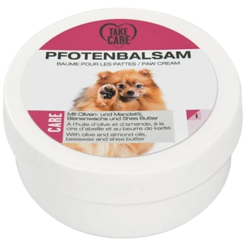 Pfotencremebehälter mit der Aufschrift "Pfotenbalsam" und einem Pomeranian-Hund auf dem Deckel, mit Zutaten: Olivenöl, Mandelöl, Bienenwachs und Sheabutter.