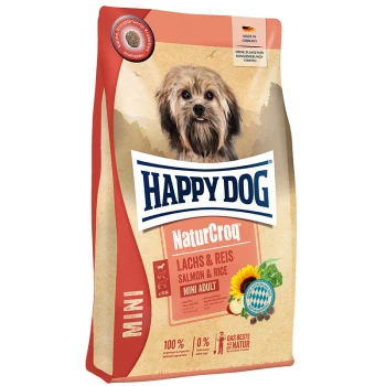 Happy Dog NaturCroq Hundefutterbeutel mit einem kleinen Hund auf der Vorderseite, beschriftet 'Lachs & Reis Mini Adult', 100% natürliche Zutaten.