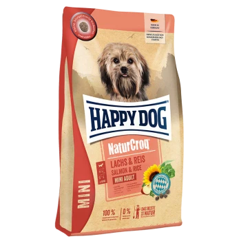 Happy Dog NaturCroq Hundefutterbeutel mit einem kleinen Hund auf der Vorderseite, beschriftet 'Lachs & Reis Mini Adult', 100% natürliche Zutaten.