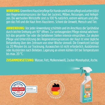 Entdecken Sie unsere Tierpflegeprodukte & Ergänzungsfuttermittel, mit verschiedenen Flaschen und Behältern, die mit 'GREEN HERO' beschriftet sind.