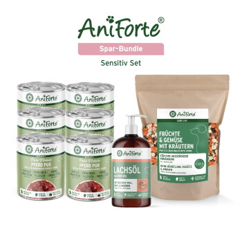AniForte Spar-Bundle Sensitiv-Set: sechs Dosen, Lachsöl-Pumpe, Beutel 'Früchte & Gemüse mit Kräutern'