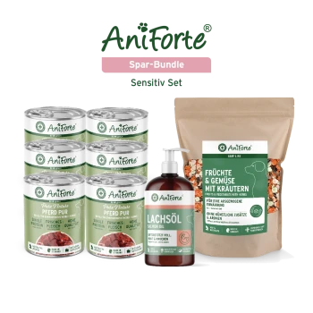 AniForte Spar-Bundle Sensitiv-Set: sechs Dosen, Lachsöl-Pumpe, Beutel 'Früchte & Gemüse mit Kräutern'