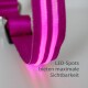 Nahaufnahme einer leuchtend pinken Hundeleine mit LED-Punkten für Sichtbarkeit und dem Text 'LED-Spots bieten maximale Sichtbarkeit.'