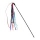A colorful cat toy wand with multiple ribbons in red, blue, green, and white attached to a black stick.