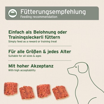 Fütterungsempfehlung für Hundeleckerlis, mit Text in Deutsch und Englisch, mit Bildern von quadratischen Leckerlis und einer Hundesilhouette.