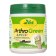 Grüner Behälter von cdVet ArthroGreen Junior, ein natürliches Ergänzungsmittel zur Gelenkpflege bei wachsenden Haustieren, beschriftet mit "100% NATUR" und mit einer Knochen-Grafik.