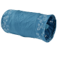 Blauer Haustiertunnel mit einem Blattmuster, mit einem weichen Pom-Pom innen zum Spielen. Ideal für Katzen und kleine Tiere.