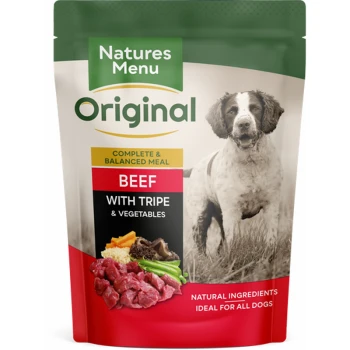 Natures Menu Original dog food pouch featuring beef with tripe and vegetables, labeled as a complete and balanced meal.