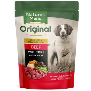 Natures Menu Original dog food pouch featuring beef with tripe and vegetables, labeled as a complete and balanced meal.