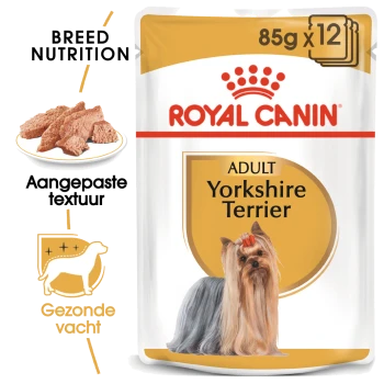 Royal Canin Adult Yorkshire Terrier hondenvoer verpakking, met een Yorkshire Terrier met lang haar en een rode strik, 85g x 12.