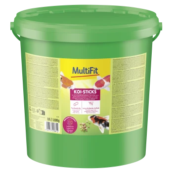 Groene emmer MultiFit Koi-Sticks visvoer met afbeeldingen van koi vissen en tekst die langdurige drijfkracht en schitterende kleuren benadrukt.
