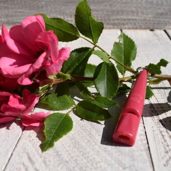 Hand hält eine rote 80mm ACME-Pfeife mit Schlüsselring, Lanyard-Clip und Bedienungsanleitung in Deutsch und Englisch.