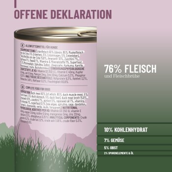 Dose Hundefutter mit einem offenen Deklarationsetikett, das Zutaten wie 76% Fleisch, 10% Kohlenhydrate, 7% Gemüse und 5% Obst auflistet.