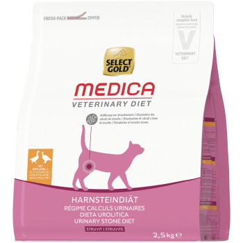 Select Gold MEDICA Veterinary Diet Katzenfutter, Harnsteindiät, pinke Tüte mit Katzensilhouette und Zielscheibe, 2,5 kg.