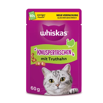 Whiskas 'Knuspertaschen mit Truthahn' Katzensnack-Beutel, lila, 60 g, Banner 'NEUE VERPACKUNG GLEICHER GESCHMACK'.