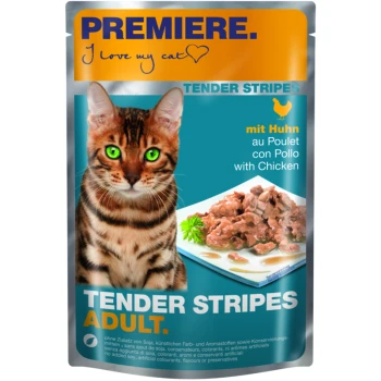 Tender Stripes Huhn 28x85 g Verpackung für Katzenfutter mit einer Bengal-Katze mit leuchtend grünen Augen, die "Tender Stripes Adult" mit Huhn und einem Teller mit Futter zeigt.