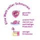 Illustration mit rosa Hintergrund und deutschem Text "Eine Welt voller Schnurren" sowie Symbolen für einen gesunden Planeten, nachhaltigen Fisch und reduzierte Emissionen.
