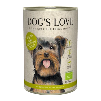BIO 6 x 400 g Kip met boekweit en selderij Een blik DOG'S LOVE hondenvoer met een lachende Yorkshire Terrier, gelabeld '100% BIO Kip', graanvrij, gemaakt in Oostenrijk.