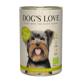 Eine Dose DOG'S LOVE Hundefutter mit einem lächelnden Yorkshire Terrier, beschriftet mit "100% BIO Hähnchen", getreidefrei, hergestellt in Österreich.