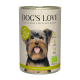 Une boîte de nourriture pour chiens DOG'S LOVE avec un Yorkshire Terrier souriant, étiquetée "100% BIO Poulet," sans céréales, fabriquée en Autriche.