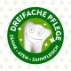 Rundes Logo mit einem lächelnden Zahn, mit dem Text "DREIFACHE PFLEGE" und den Schlüsselwörtern "Zähne, Atem, Zahnfleisch" auf einem hellgrünen Hintergrund.