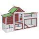 Holzhaustierhaus mit grünem Dach, mehreren Fächern und Netzpaneelen zur Belüftung, entworfen für kleine Tiere.