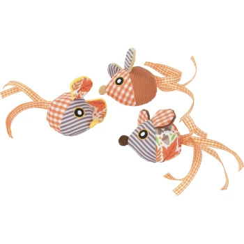 Three fabric cat toy mice with orange gingham and striped patchwork, leaf/acorn prints and long gingham ribbon tails.