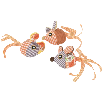 Three fabric cat toy mice with orange gingham and striped patchwork, leaf/acorn prints and long gingham ribbon tails.