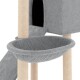 Grau Katzenbaum mit einer gemütlichen Hängematte, Kratzpfosten und einem versteckten Fach. Ideal für das Spielen und Entspannen von Katzen.