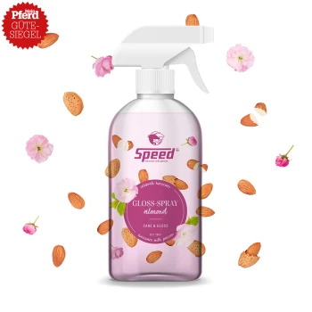 Eine Flasche Speed Gloss-Spray Mandel, mit einem pinken Design und Mandel- und Blumen-Grafiken, beschriftet mit "PFLEGE & GLANZ."