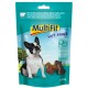 Un paquet de friandises pour chiens avec un Bulldog français, étiqueté "MultiFit Soft Snack," avec un texte indiquant qu'il s'agit d'un paquet mixte de bœuf, poulet et agneau.