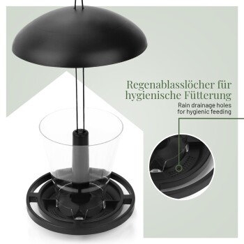 Schwarzer Futterspender für Haustiere mit einem Kuppeloberteil und einer transparenten Schüssel, ausgestattet mit Regenablauflöchern für hygienisches Füttern. Text in Deutsch und Englisch.