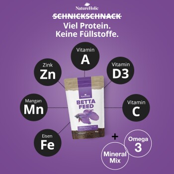 NatureHolic lila Betta Feed-Beutel mit Fisch; Aufschrift 'Viel Protein. Keine Füllstoffe.' zeigt Vitamine A, D3, C, Zn, Fe, Omega‑3