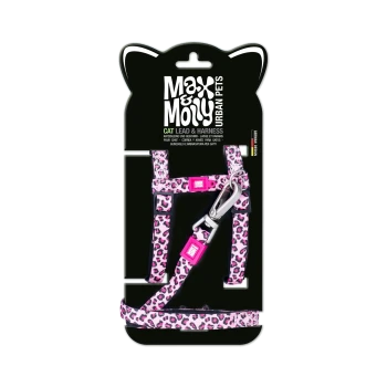 Rosa Leopardenmuster-Katzengeschirr und Leine mit Metallkarabiner auf Karte mit Aufschrift 'Max & Molly Urban Pets' und Text 'Cat Lead & Harness'.