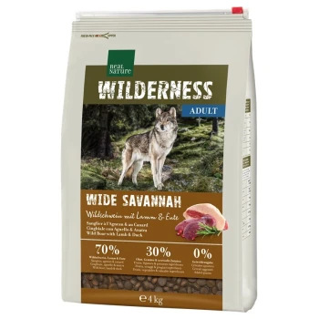 Tüte Real Nature Wilderness Hundefutter, "Wide Savannah," mit Wildschwein, Lamm, Ente; 70% Fleisch, 30% Früchte/Gemüse, 0% Getreide.
