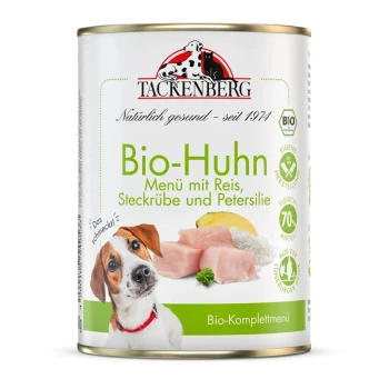 Puszka ekologicznej karmy dla psów Tackenberg Bio-Huhn z kurczakiem, ryżem, brukwią i pietruszką, 70% zawartości mięsa.