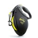 Black flexi Giant L retractable dog leash with yellow accents, extending up to 8 meters, featuring a sturdy metal clip.