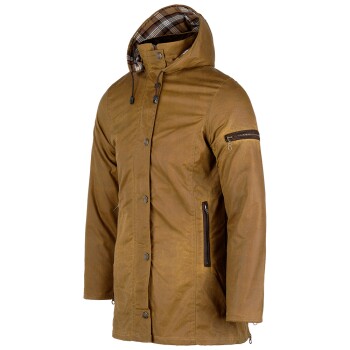 Braune Kapuzenjacke mit kariertem Futter, Knopf- und Reißverschluss sowie Reißverschlusstaschen an Ärmel und Seite.