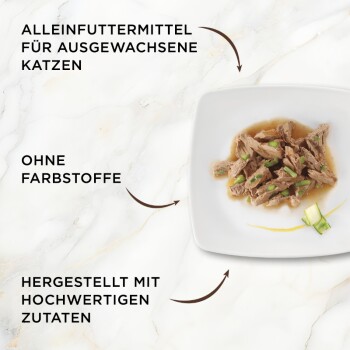 Nassfutter auf weißem Teller mit grüner Garnitur; deutsche Beschriftungen: ‚Vollwertiges Alleinfutter für erwachsene Katzen‘, ‚ohne Farbstoffe‘
