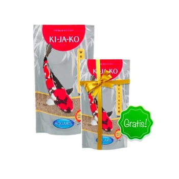 Zwei Tüten KI-JA-KO Premium-Koi-Futter, eine größere und eine kleinere, mit einem Geschenkbändchen auf der kleineren Tüte und einem "Gratis!"-Etikett.