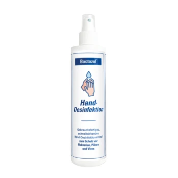 Bactazol Handdesinfektionssprayflasche mit einem Etikett, das eine Hand, einen Wassertropfen und deutschen Text zum Schutz vor Keimen zeigt.