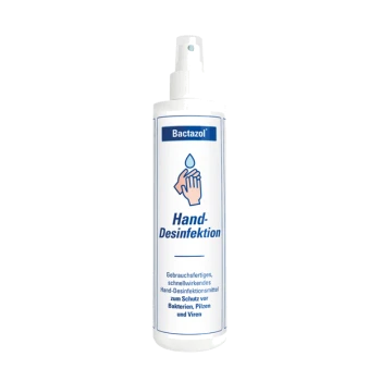 Bactazol Handdesinfektionssprayflasche mit einem Etikett, das eine Hand, einen Wassertropfen und deutschen Text zum Schutz vor Keimen zeigt.