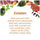 Zutaten für Haustierfutter: 50% Lachs (26% frisch, 19% getrocknet, 2,5% Öl, 2,5% Brühe), 27% Süßkartoffeln, Kartoffeln, 6% Erbsen.