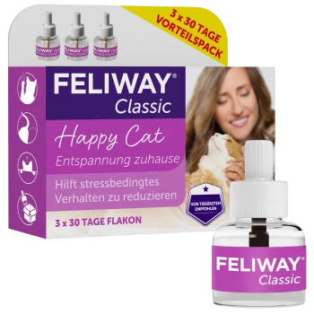 FELIWAY Classic 'Happy Cat'-Box und Nachfüllflasche, Frau hält eine Katze; sichtbarer Text: 'Entspannung zuhause' und '3 x 30 TAGE'