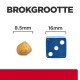 Afbeelding die de grootte van huisdiervoer (8,5 mm) vergelijkt met een blauwe dobbelsteen (16 mm), met de titel "BROKGROOTTE" erboven.