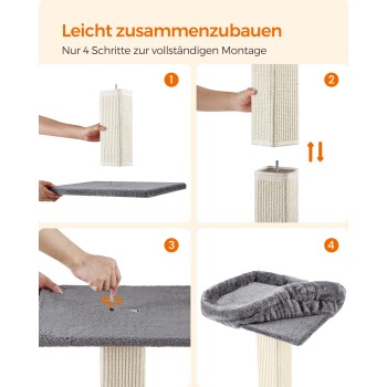 Schritt-für-Schritt-Anleitung auf Deutsch zum Zusammenbauen eines Katzenkratzbaums, mit vier nummerierten Schritten.