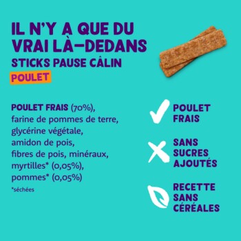 Bâtonnets pour animaux de compagnie étiquetés 'Pause Câlin' avec du poulet, contenant des ingrédients comme du poulet frais (70 %), des pommes de terre et sans sucres ajoutés.