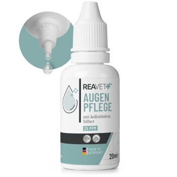 Flasche mit REAVET Augenpflege-Lösung für Haustiere, 20ml, mit Tropfspitze und beschriftet mit "mit kolloidalem Silber" und "25 PPM."