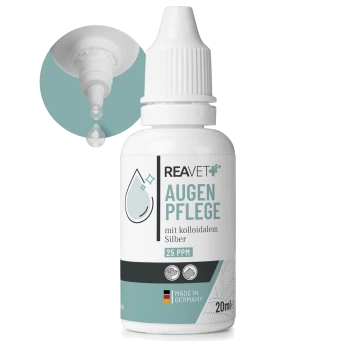 Flasche mit REAVET Augenpflege-Lösung für Haustiere, 20ml, mit Tropfspitze und beschriftet mit "mit kolloidalem Silber" und "25 PPM."